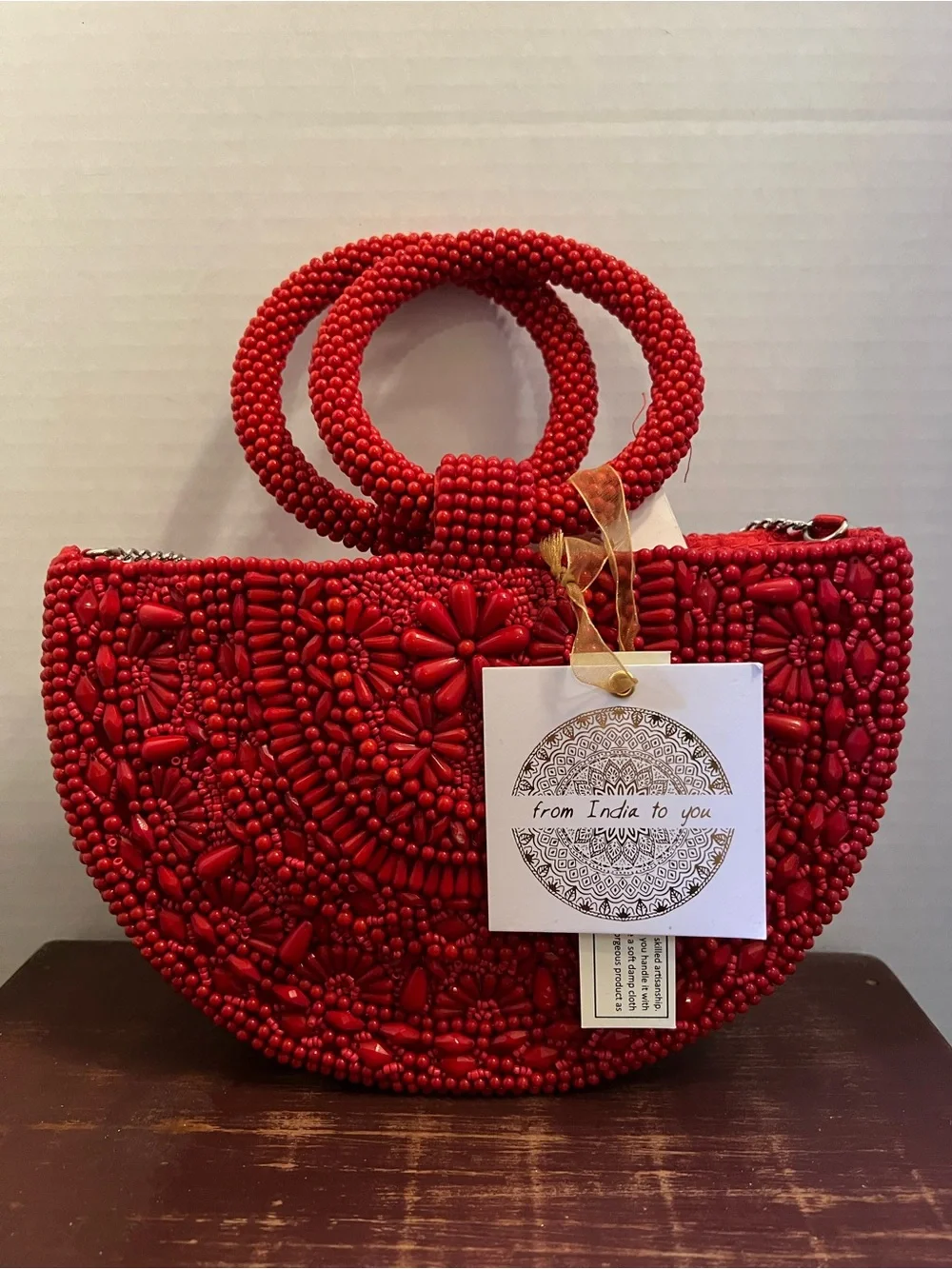 Handmade Red Beaded Women’s Tote Bag - Picture 1 of 2